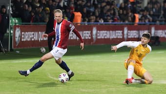 Norwegian striker Erling Haaland in action during the FIFA World Cup Qualifying match against Moldova in Chisinau, Moldova. AP