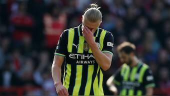 Manchester City striker Erling Haaland reacts during his team's Premier League match meeting with Nottingham Forest at the City Ground Stadium in Nottingham. Reuters