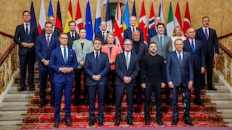 Britain's Prime Minister Keir Starmer, Ukraine's President Volodymyr Zelenskyy, Germany's Chancellor Olaf Scholz, Norway's Prime Minister Jonas Gahr Store, European Commission President Ursula von der Leyen, European Council President Antonio Costa, France's President Emmanuel Macron, Canada's Prime Minister Justin Trudeau, Czech Republic's Prime Minister Petr Fiala, Dutch Prime Minister Dick Schoof, Romania's Interim President Ilie Bolojan, Turkey's Minister of Foreign Affairs Hakan Fidan, Denmark's Prime Minister Mette Frederiksen, Sweden's Prime Minister Ulf Kristersson, Finland's President Alexander Stubb, Italy's Prime Minister Giorgia Meloni, Spain's Prime Minister Pedro Sanchez, Poland's Prime Minister Donald Tusk and NATO Secretary General Mark Rutte attend the European leaders' summit to discuss European security and Ukraine, at Lancaster House in London, Britain, March 2, 2025. File Image/Reuters