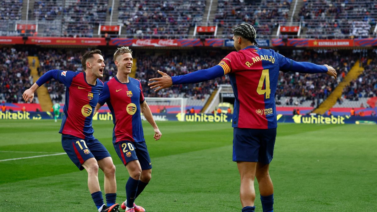 FC Barcelona's Ronald Araujo celebrates scoring their third goal against Real Sociedad. Image: Reuters FC Barcelona's Ronald Araujo celebrates scoring their third goal against Real Sociedad. Image: Reuters