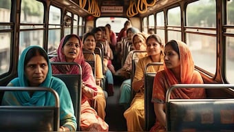 The artificial intelligence (AI)-generated image shows Indian women in a public bus. (Photo:  Meta AI)