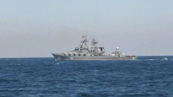 This handout video grab taken and released by the Russian Defence Ministry on February 18, 2022, shows a 'Moskva' Russian cruiser during the Black sea naval exercises outside the Crimean port of Sevastopol. (Photo: AFP)