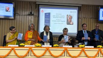 Justice BV Nagarathna launching the book of Prof. Upendra Baxi, ‘Law, Justice, Society: Selected Works of Upendra Baxi’, at India law Institute, Delhi. 