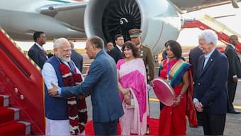 Mauritian Prime Minister Navin Ramgoola leads the welcome of PM Narendra Modi upon his arrival in Mauritius for a two-day state visit on Tuesday, March 11, 2025. (Photo: X/Narendra Modi)
