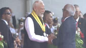 Mauritian Prime Minister Navinchandra Ramgoolam bestows the nation's highest honour, the Grand Commander of the Order of the Star and Key of the Indian Ocean, to Prime Minister Narendra Modi at Port Louis on Wednesday, March 12, 2025. (Photo: ANI) 
