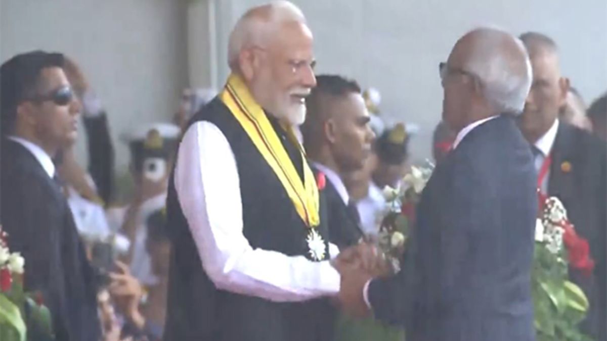 Mauritian Prime Minister Navinchandra Ramgoolam bestows the nation's highest honour, the Grand Commander of the Order of the Star and Key of the Indian Ocean, to Prime Minister Narendra Modi at Port Louis on Wednesday, March 12, 2025. (Photo: ANI) Mauritian Prime Minister Navinchandra Ramgoolam bestows the nation's highest honour, the Grand Commander of the Order of the Star and Key of the Indian Ocean, to Prime Minister Narendra Modi at Port Louis on Wednesday, March 12, 2025. (Photo: ANI)