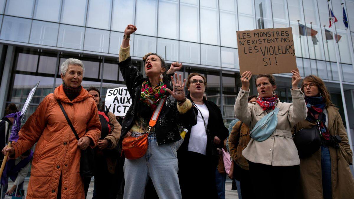 Women's rights activists demonstrate outside the Paris Palace of Justice as French actor Gérard Depardieu, who is facing trial for the alleged sexual assaults of two women on a film set in 2021, won't appear before a criminal court, October 28, 2024, in Paris. File Image/AP
