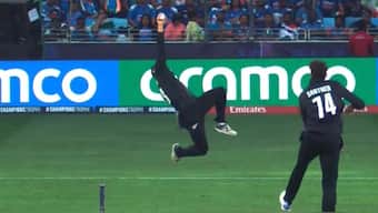 New Zealand's Glenn Phillips pulls off a one-handed stunner to dismiss Shubman Gill off Mitchell Santner's bowling during the Champions Trophy final in Dubai. Image credit: Screengrab/JioStar
