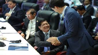 Canada's Prime Minister Justin Trudeau shakes hands with Philippines President Ferdinand Marcos Jr during the ASEAN-Canada Special Summit on Enhancing ASEAN Connectivity and Resilience at the National Convention Centre, in Vientiane, Laos, October 10, 2024. Reuters