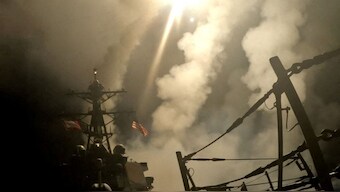A ship fires missiles at an undisclosed location, after US President Donald Trump launched military strikes against Yemen's Iran-aligned Houthis on Saturday over the group's attacks against Red Sea shipping, in this screengrab obtained from a handout video released on March 15, 2025. US Central Command via Reuters