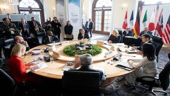 Canadian Foreign Minister Melanie Joly speaks during the G7 foreign ministers meeting in La Malbaie, Quebec, Canada March 13, 2025. Alongside Joly are European Union foreign policy chief Kaja Kallas, French Foreign Minister Jean-Noel Barrot, British Foreign Secretary David Lammy, Japanese Foreign Minister Iwaya Takeshi, US Secretary of State Marco Rubio, German Foreign Minister Annalena Baerbock and Italian Foreign Minister Antonio Tajani. SAUL LOEB/Pool via REUTERS 