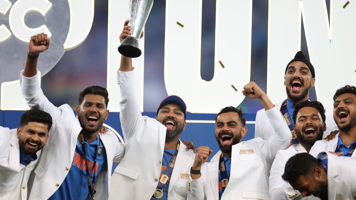 India captain Rohit Sharma lifts the Champions Trophy with teammates after their four-wicket victory over New Zealand in the final in Dubai on Sunday, 9 March. Reuters India captain Rohit Sharma lifts the Champions Trophy with teammates after their four-wicket victory over New Zealand in the final in Dubai on Sunday, 9 March. Reuters