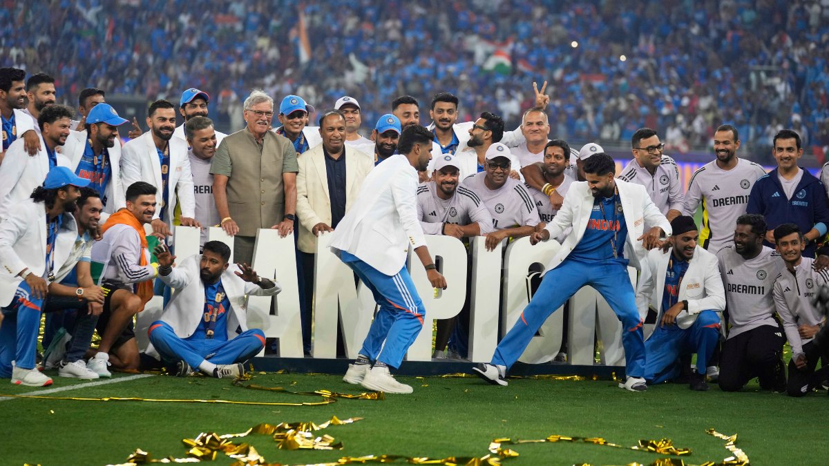 The Indian cricket team celebrates after receiving the trophy during the post-match presentation ceremony in the final of the ICC Champions Trophy in Dubai. AP The Indian cricket team celebrates after receiving the trophy during the post-match presentation ceremony in the final of the ICC Champions Trophy in Dubai. AP