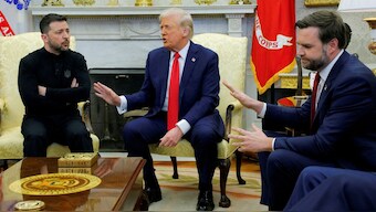 US President Donald Trump meets with Ukrainian President Volodymyr Zelenskyy as US Vice President JD Vance reacts at the White House in Washington, DC, US, February 28, 2025. File Image/Reuters