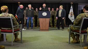 Vice President JD Vance speaks at the US military's Pituffik Space Base in Greenland, on Friday, as Energy Secretary Chris Wright, left, and White House National Security Adviser Mike Waltz listen. AP
