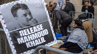 Muslim protestors pray outside the main campus of Columbia University during a demonstration to denounce the immigration arrest of Mahmoud Khalil, a pro-Palestinian activist who helped lead protests against Israel at the university, in New York City, US, on March 14, 2025. Reuters File