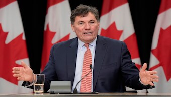 Finance Minister Dominic LeBlanc gestures during a news conference on tariffs in Ottawa on Wednesday. AP