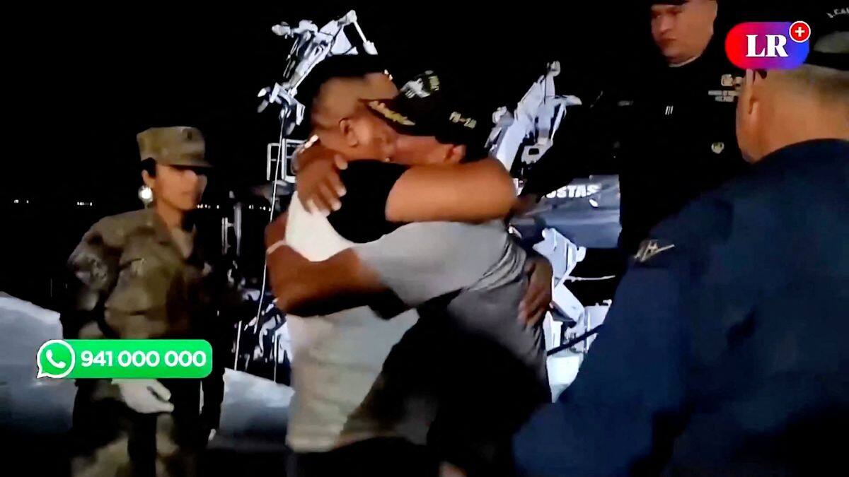 Peruvian fisherman Maximo Napa, who spent 95 days lost in the Pacific Ocean before being rescued by an Ecuadorian fishing patrol, reunites with his brother after being rescued in Paita, Peru, March 14, 2025 in this screen grab taken from handout video. La Republica via Reuters