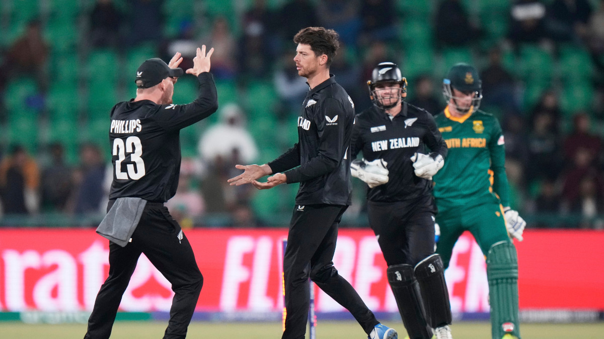 Mitchell Santner celebrates with teammates after getting the key wicket of Rassie van der Dussen during the Champions Trophy semi-final between New Zealand and South Africa in Lahore. AP Mitchell Santner celebrates with teammates after getting the key wicket of Rassie van der Dussen during the Champions Trophy semi-final between New Zealand and South Africa in Lahore. AP
