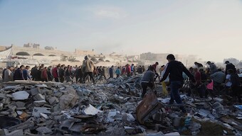 Palestinians attend an anti-war protest against Hamas in a rare show of public anger against the militant group that rules the territory, in Beit Lahiya, northern Gaza Strip, on Wednesday. AP 