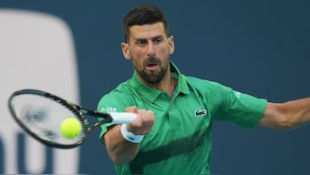Novak Djokovic in action against Sebastian Korda during the quarter-finals of the 2025 Miami Open in Miami Gardens, Florida. AP