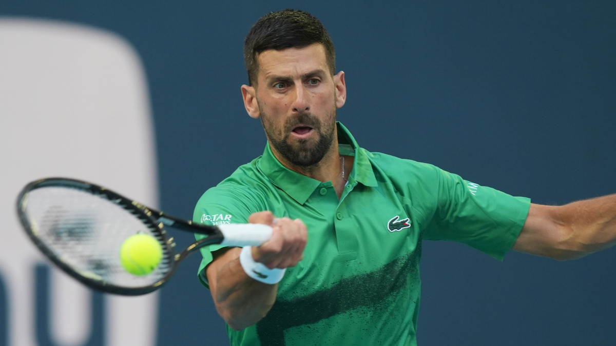 Novak Djokovic in action against Sebastian Korda during the quarter-finals of the 2025 Miami Open in Miami Gardens, Florida. AP Novak Djokovic in action against Sebastian Korda during the quarter-finals of the 2025 Miami Open in Miami Gardens, Florida. AP