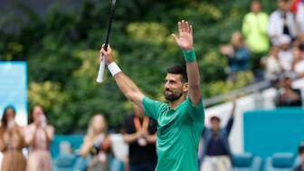 Novak Djokovic celebrates after defeating Grigor Dimitrov in the semi-finals of the 2025 Miami Open. Image: Reuters