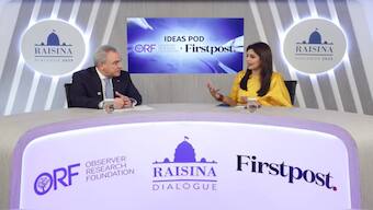 Athanasios Ntokos, National Security Adviser, Greece, and Firstpost's Managing Editor Palki Sharma during Firstpost’s IdeasPod as part of the annual Raisina Dialogue on Wednesday. Image Courtesy: Firstpost 