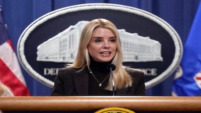 (File) Attorney General Pam Bondi speaks at a news conference at the Justice Department, on Feb. 12, 2025, in Washington. AP