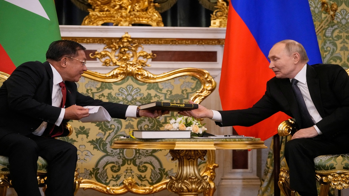 Myanmar's military chief Senior General Min Aung Hlaing presents a book to Russia's President Vladimir Putin during a meeting in Moscow, Russia, on Tuesday. Reuters Myanmar's military chief Senior General Min Aung Hlaing presents a book to Russia's President Vladimir Putin during a meeting in Moscow, Russia, on Tuesday. Reuters