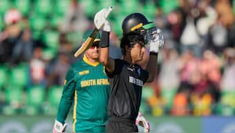 New Zealand opener Rachin Ravindra celebrates after completing his century during the ICC Champions Trophy semi-final against South Africa in Lahore. AP