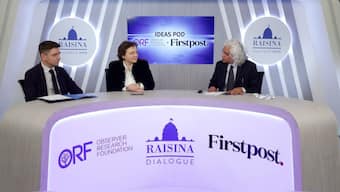 (L-R) Lithuania's Laimonas Talat-Kelpša, Poland's Małgorzata Bonikowska, and ORF's Gautam Chikermane at Firstpost's IdeasPod at Raisina Dialogue 2025. 