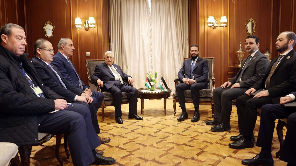 Palestinian President Mahmud Abbas meeting with Syria's interim President Ahmed al-Sharaa in Cairo on March 4, 2025, on the sidelines of an Arab League summit on Gaza. Image- AFP Palestinian President Mahmud Abbas meeting with Syria's interim President Ahmed al-Sharaa in Cairo on March 4, 2025, on the sidelines of an Arab League summit on Gaza. Image- AFP