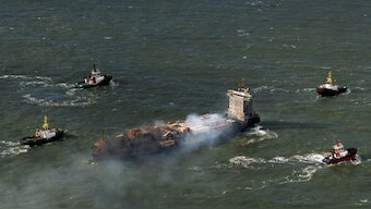 Smoke billows from the MV Solong cargo ship in the North Sea, off the Yorkshire coast in England, Tuesday, March 11, 2025. Image- AP