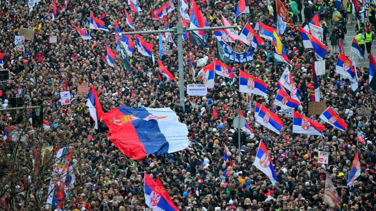 Protesters holding up the national flag take part in one of the largest anti-corruption demonstrations since the anti-graft movement in Belgrade on March 15, 2025. Image- AFP Protesters holding up the national flag take part in one of the largest anti-corruption demonstrations since the anti-graft movement in Belgrade on March 15, 2025. Image- AFP