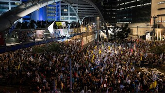 People take part in a protest demanding the immediate release of hostages held by Hamas in the Gaza Strip, in Tel Aviv, Israel. AP
