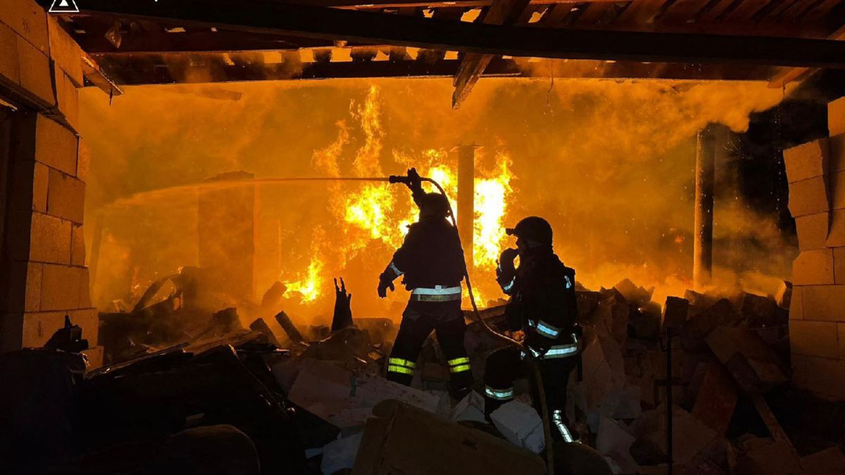 This handout photograph taken and released by Ukrainian State Emergency Service on March 28, 2025, shows firefighters manning a hose to put out a fire following a strike in Sumy region, amid the Russian invasion of Ukraine. Image- AFP This handout photograph taken and released by Ukrainian State Emergency Service on March 28, 2025, shows firefighters manning a hose to put out a fire following a strike in Sumy region, amid the Russian invasion of Ukraine. Image- AFP