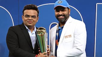 India captain Rohit Sharma receives the winner's trophy from ICC Chair Jay Shah during the presentation ceremony of the Champions Trophy final on Sunday, 9 March in Dubai. Image credit: BCCI