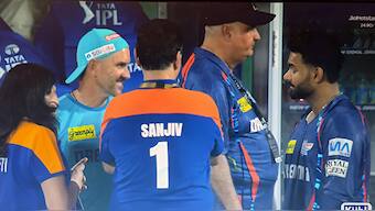 LSG captain Rishabh Pant was seen having a chat with team owner Sanjiv Goenka immediately after their defeat. Image: JioHotstar