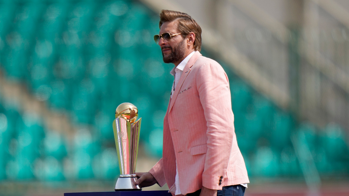 Former Pakistan captain Shahid Afridi with the winner's trophy during the Champions Trophy Group B match between England and South Africa in Karachi. AP Former Pakistan captain Shahid Afridi with the winner's trophy during the Champions Trophy Group B match between England and South Africa in Karachi. AP