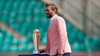 Former Pakistan captain Shahid Afridi with the winner's trophy during the Champions Trophy Group B match between England and South Africa in Karachi. Image: AP