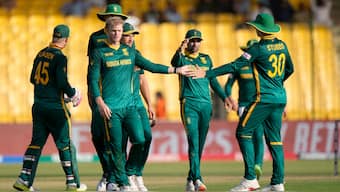 South African players celebrate after bowling England out for 179 at Karachi's National Stadium. AP