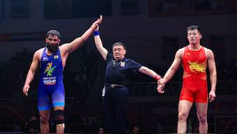 India's Sunil Kumar defeated China's Jiaxin Huang to win bronzed in the men's 87kg Greco-Roman event at the Asian Wrestling Championships in Amman, Jordan. Image credit: X/@DDIndialive
