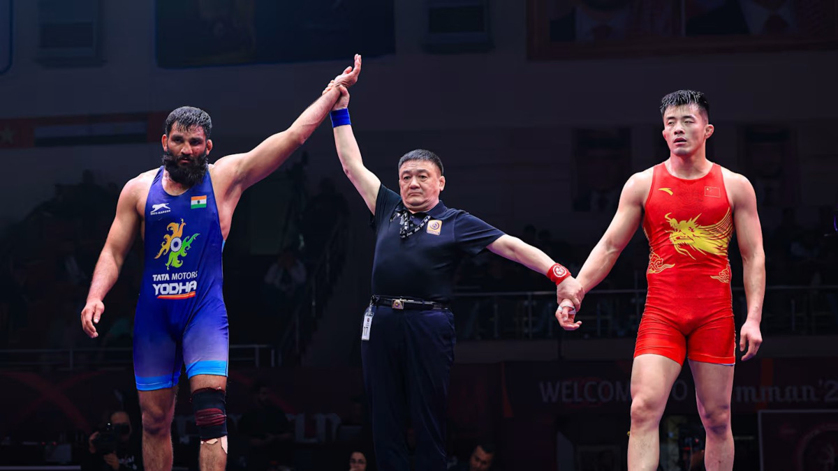 India's Sunil Kumar defeated China's Jiaxin Huang to win bronzed in the men's 87kg Greco-Roman event at the Asian Wrestling Championships in Amman, Jordan. Image credit: X/@DDIndialive India's Sunil Kumar defeated China's Jiaxin Huang to win bronzed in the men's 87kg Greco-Roman event at the Asian Wrestling Championships in Amman, Jordan. Image credit: X/@DDIndialive