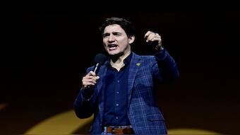 Canada's Prime Minister Justin Trudeau speaks during the closing ceremony of the Invictus Games at Rogers Arena in Vancouver, British Columbia, Canada, on February 16, 2025. Reuters File