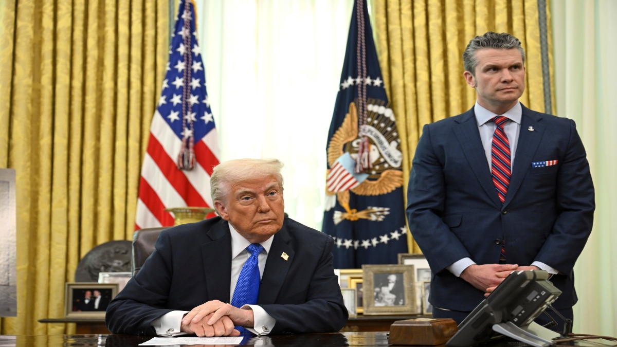 President Donald Trump, left, and Secretary of Defence Pete Hegseth listen during an event in the Oval Office of the White House in Washington, on Friday. AP File President Donald Trump, left, and Secretary of Defence Pete Hegseth listen during an event in the Oval Office of the White House in Washington, on Friday. AP File