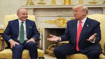 Ireland's Taoiseach Micheal Martin, left, attends a bilateral meeting with President Donald Trump ahead of the White House St Patrick's Day reception, on Wednesday in Washington. AP