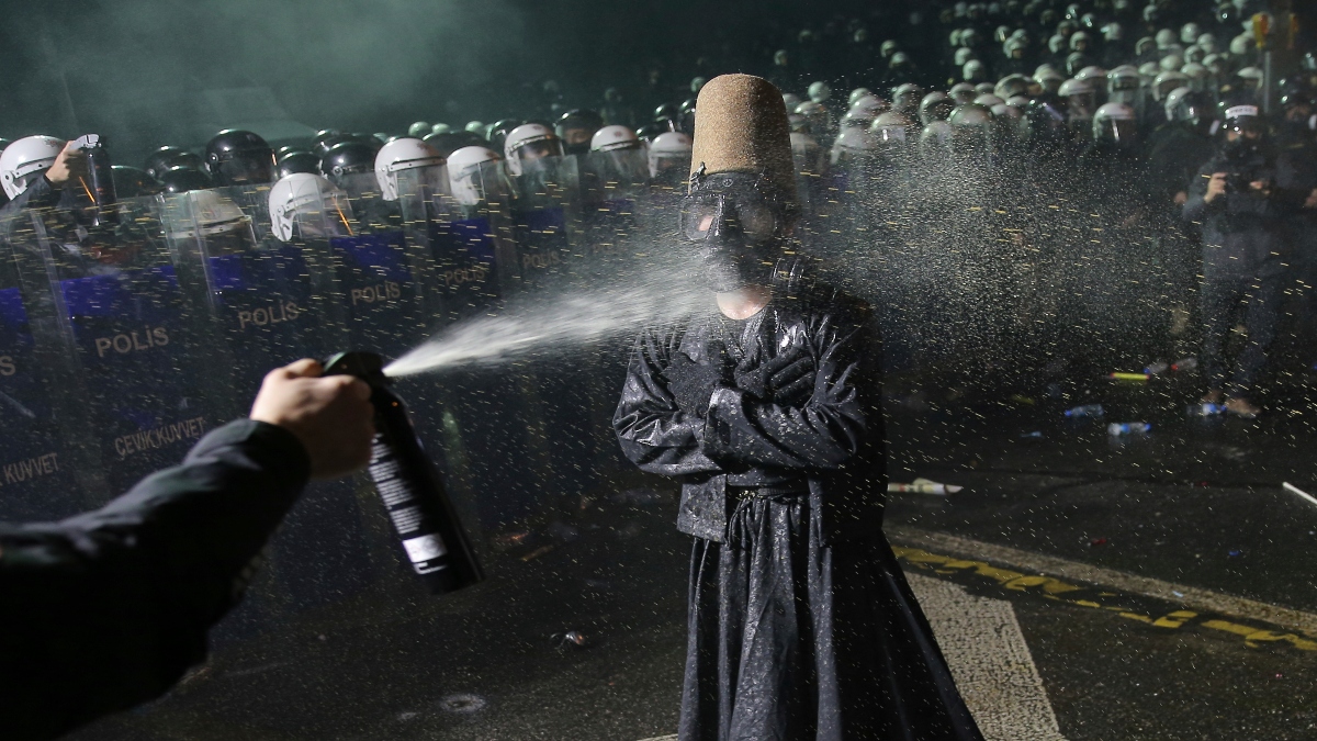 Riot police officers use pepper spray to clear a protester during a protest after Istanbul's Mayor Ekrem Imamoglu was arrested and sent to prison, in Istanbul, Turkey, on Sunday. AP Riot police officers use pepper spray to clear a protester during a protest after Istanbul's Mayor Ekrem Imamoglu was arrested and sent to prison, in Istanbul, Turkey, on Sunday. AP