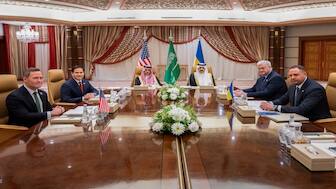 US Secretary of State Marco Rubio, US National Security Advisor Mike Waltz, Ukrainian Foreign Minister Andrii Sybiha and Ukrainian Head of Presidential Office Andriy Yermak hold a meeting in the presence of Saudi Foreign Minister Faisal bin Farhan and National Security Advisor Mosaad bin Mohammad Al-Aiban, in Jeddah, Saudi Arabia, on Tuesday. Reuters