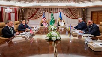US Secretary of State Marco Rubio, US National Security Advisor Mike Waltz, Ukrainian Foreign Minister Andrii Sybiha and Ukrainian Head of Presidential Office Andriy Yermak hold a meeting in the presence of Saudi Foreign Minister Faisal bin Farhan and National Security Advisor Mosaad bin Mohammad Al-Aiban, in Jeddah, Saudi Arabia, on Tuesday. Reuters